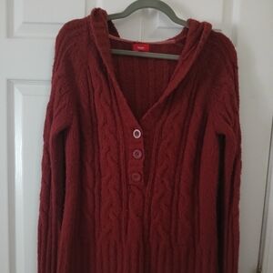 Massimo V-Neck Hooded Cable Knit Sweater - Deep Red